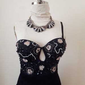 Women's Rhinestone Beaded Black Bustier Party Crop